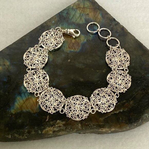 Sterling Silver 925 Round Scrollwork Filigree Link Bracelet & Dangle Earring Set - Picture 4 of 16